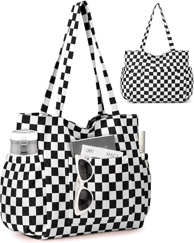 Corduroy Tote Bag for Women,Large Capacity Cute Tote Bags With 6 Pockets,Crossbody Shoulder Handbag for Work Travel Gym by Hatisan