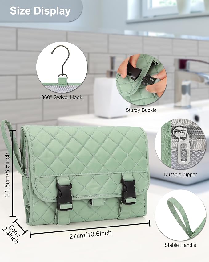 Relavel Travel Hanging Toiletry Bag for Women for Full-size Container | Travel Wash Bag with 360° Rotation Hook, Waterproof Large Stand Up Toiletries Organizer for Bathroom Shower Camping - Green - Image 3