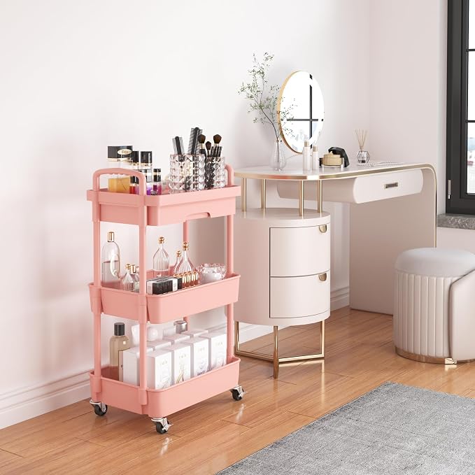 Calmootey 3-Tier Utility Cart with Drawer & Wheels, Storage for Home,Office | Space-Saving Organizer, Sturdy Plastic Shelves, Smooth-Rolling Metal Wheels, Built-in Drawer for Small Items, Pink - Image 2
