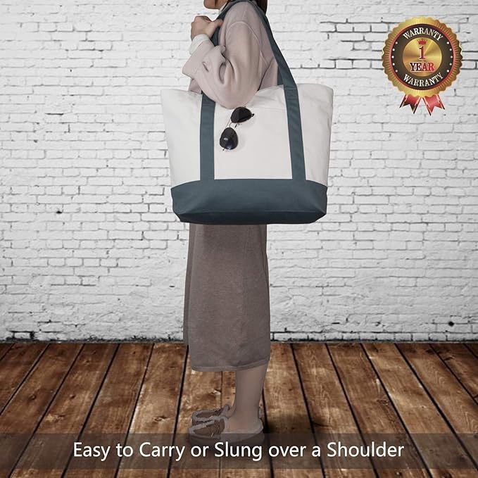 TOPDesign 1-Pack Canvas Tote Bag with an External Pocket, Reusable Grocery Shopping Bag, Top Zipper Closure, Daily Essentials (Grey/Natural) - Image 2