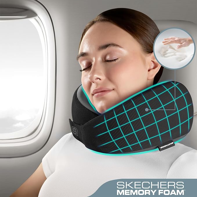 Skechers Men's Memory Foam Neck Pillow, Comfortable & Breathable Travel Pillow,Neck Pillow Airplane for Travel, Car Rides, Home, and Office Use, Ergonomic Design for Men and Women,Black - Image 2