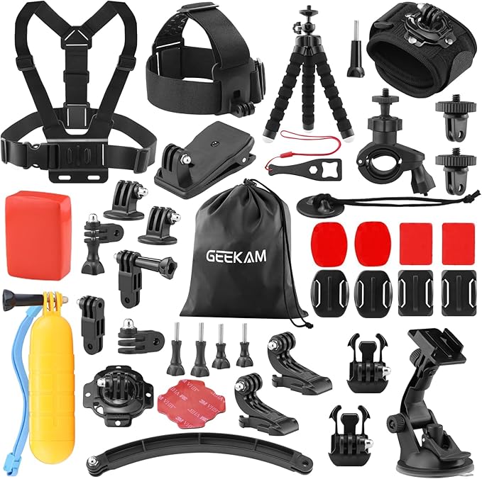 38-in-1 Action Camera Accessory Kit for GoPro, AKASO, DJI, Insta360 | Helmet/Chest/Head/Wrist/Handlebar/Suction Cup Mount + Floating Grip for Sports & Underwater Recording by GEEKAM