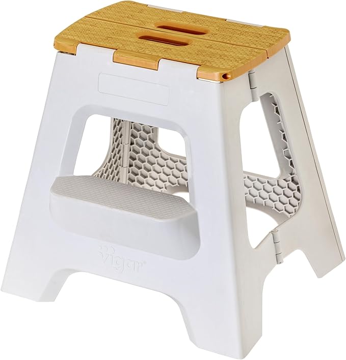 Vigar Compact Folding Step Stool, 16 in 2 Step, Gray Bamboo Print | 16 in Foldable Stool, Lightweight Portable Design, Handle, Non Slip Surface, Space-Saving, Supports up to 330 lb by VIGAR