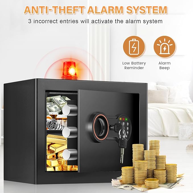 Small Safe for Home, Mini Safe Box for College Dorm Room | 9.8''Dx13.8''Wx9.8''H, Alarm System, LED Light, Wall/Floor Mountable Hidden Safes for Cash, Jewelry, Medicine - Image 4