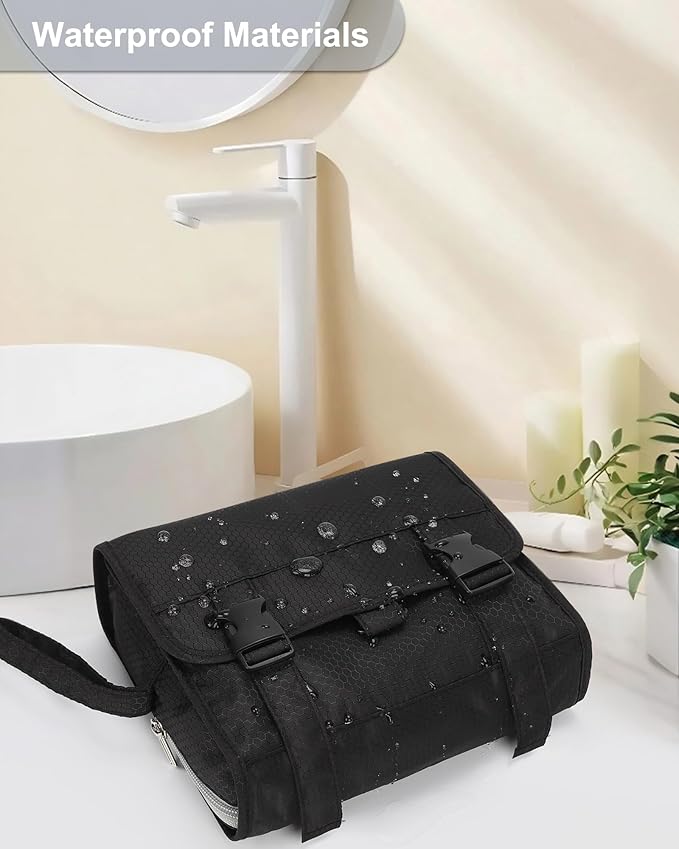Small Hanging Toiletry Bag for Men and Women, Portable Hanging Organizer | for Travel-Sized Shower Dopp Kit, Makeup Accessories, Waterproof Toiletries Organizer with 3 Compartments for Outdoor - Black - Image 7