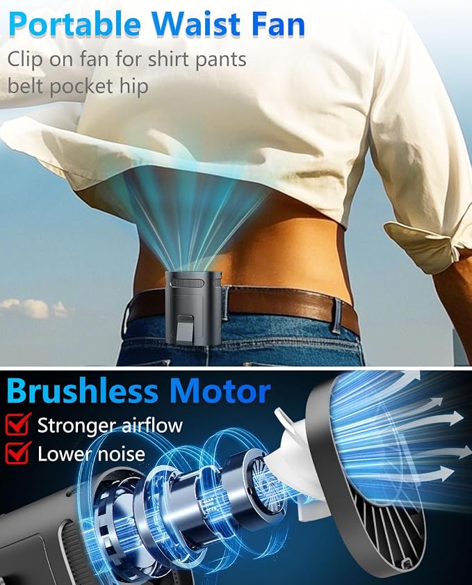 Waist Fan Clip on-Mini Lightweight Portable Fans Rechargeable Under Shirt Belt Pants Body Fans that Blow Cold Air,Waistband Cooling Fan,Powerful Small Personal Hanging Neck Cooler AC Travel Black - Image 3
