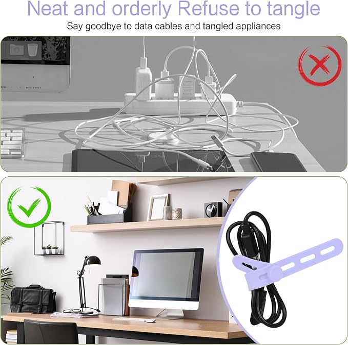 Donruby 24Pcs Silicone Cable Ties - Reusable & Washable with Locking Buckles, Adjustable Fastening Cable Management Straps, Multi-Purpose High Elasticity Cord Organizer (Purple) - Image 7