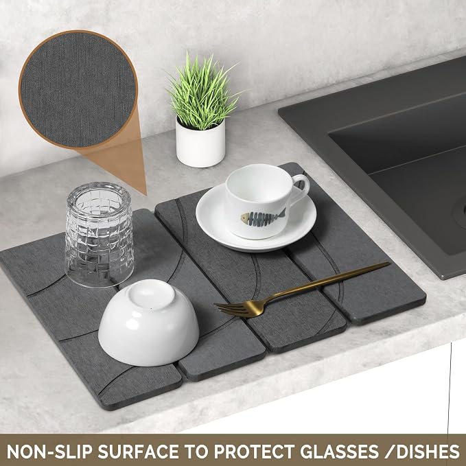 Small Stone Dish Drying Mat for Kitchen Counter, 2 PCS 16"×12" & 8"x4" Quick Dry Stone Mats, Foldable Water Absorbing Diatomite Drying Dish Pad for Countertop Bottles Utensils Cups(Carved Gray) - Image 4