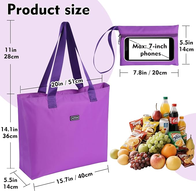 AOTIAN Reusable Grocery Bag, Foldable Shopping Tote Bag with Zipper Closure | Holds up to 50 lbs, Doubles as a phone pouch, Durable & tear-resistant. For travel, gym, beach & daily use, Machine washable - Image 3