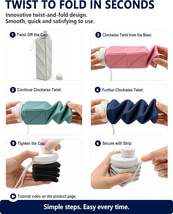 BEAUTAIL Collapsible Water Bottles 21oz/610mL, Silicone Travel Water Bottle | BPA Free, Leakproof & Reusable, Foldable Water Bottle for Traveling, Hiking, School, Sports, Outdoor, 2-Pack, Black+DarkBlue - Image 7