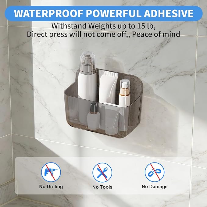 Wall Mount Organizer, 2Pc Small Adhesive Cabinet Door Organizer | Bathroom Shelf for Wall,No Drilling Hang Adhesive Shelf, with Self Adhesive Tapes, for Bathroom, Kitchen, Living Room - Grey - Image 3