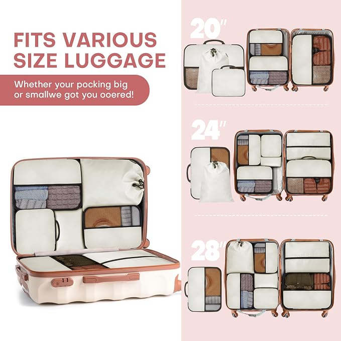 SDGFUI 8 PCS Compression Packing Cubes for Travel Women, Compression Bags Organizer for Luggage Space Saving Travel Essentials and Carry on, Luggage Organizer Bags for Suitcase - Beige - Image 6