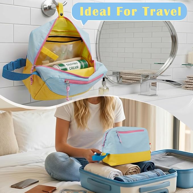 Waterproof Makeup Bag For Women Girls Men,Two-Tone Colorblock Travel Toiletry Bag With Wet Pocket & Removable Transparent Bag, 8L Large Capacity Lightweight Vacation Essentials (Sky Blue+Yellow) - Image 3