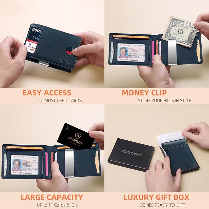RUNBOX Slim Wallet for Men - RFID Blocking Leather Bifold with Money Clip | Minimalist Front Pocket Wallet Holds 11 Cards,Slim Thin Design,RFID Blocking Protection, Practical Birthday Gifts for Men - Image 2