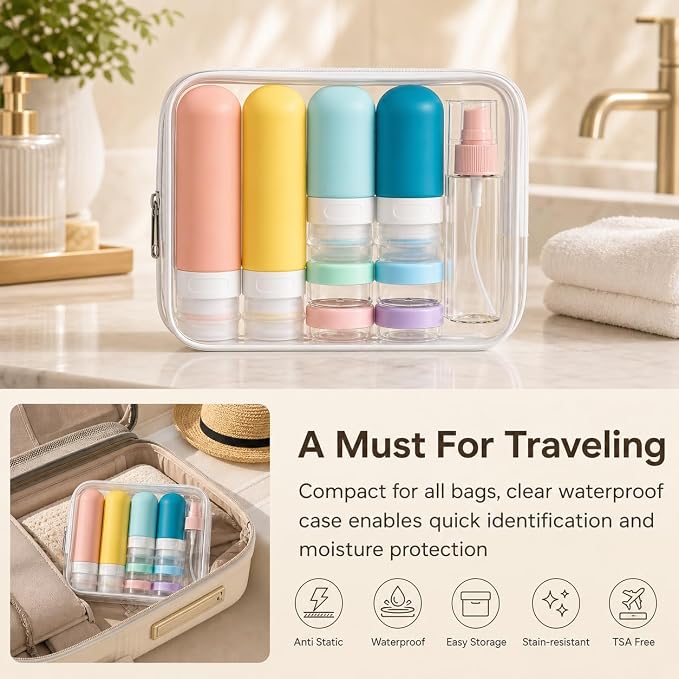 17 Pack Travel Bottles for Toiletries, TSA Approved Leak Proof Silicone Travel Containers for Toiletries with Label-Dopamine Color - Image 6