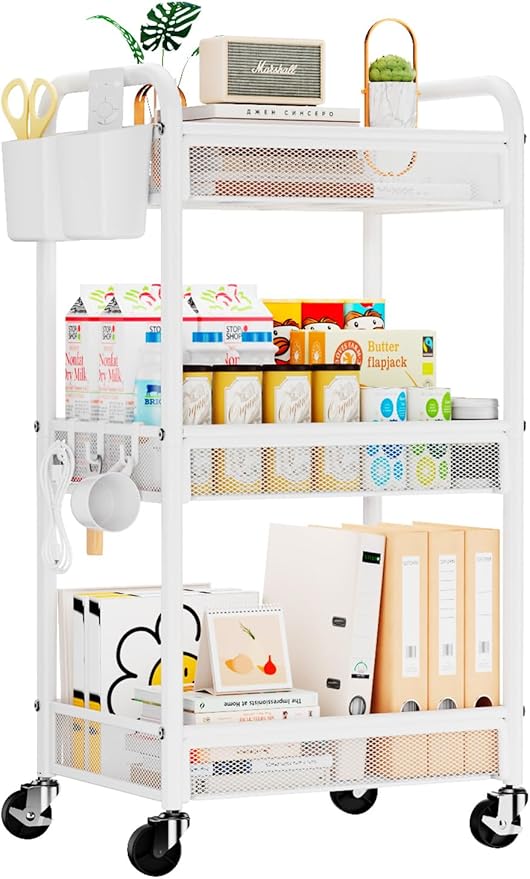 3 Tier Metal Rolling Cart, White Utility Storage Cart with Wheels | Metal Mesh Craft Cart With Hooks & Hanging Cups, Ideal For Kitchen, Bathroom, Office, Dorm, Art Workspace, Bedside Storage by YASONIC