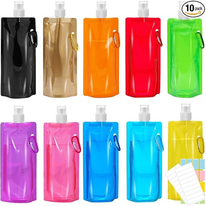 smilixin 10 Pack Collapsible Water Bottles,Collapsible Bag Water Bottles | Drinking Water Bags with Carabiner Clip,480ml Travel Water Bottle,Leak Proof,Reusable,BPA Free for Camping,Hiking Travel,Gym by smilixin