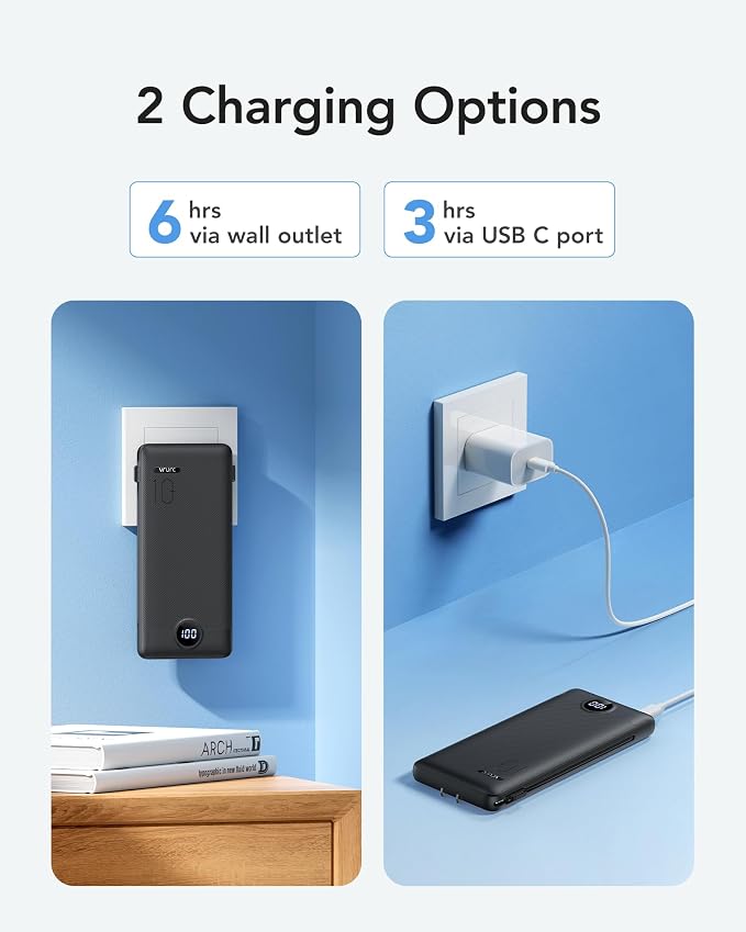 VRURC 10000mAh 22.5W Portable Charger, AC Plug & Built-in Cables,Black | Slim battery pack ,PD 20W fast charging, for business travel,compatible with iPhone & Samsung - Image 4