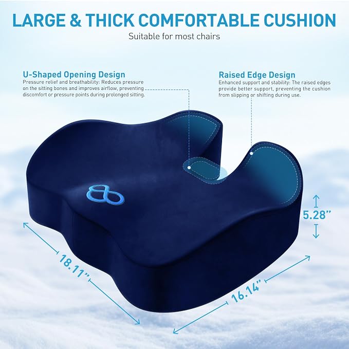 BlissTrends Thick Seat Cushion for Office Chair & Car Seat, XL, Blue | 5.2in Memory Foam with Removable Velvet Cover, Ergonomic Tailbone & Sciatica Support for Pressure Relief and Long Sitting - Image 2