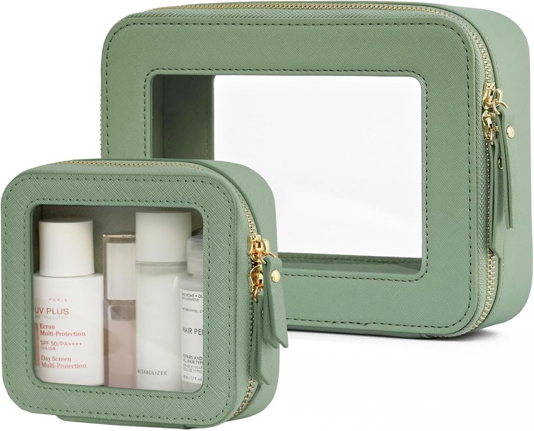 Clear Makeup Bag with Zipper, Set of 2, Mini and Medium, Sage Green | Clear Travel Bags for Toiletries, Structured Cosmetic Case for Women, Waterproof PU Leather, Wide Open Portable Car Organier by POPVIBE