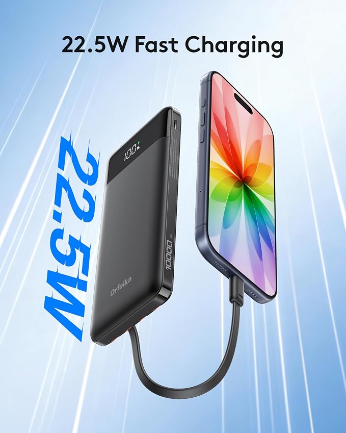 Orfeika Fast Charging Portable Charger Power Bank with Built-in 4 Cables | 10000mAh|Ultra-Slim&Light|Flight-Safe|Power 6 Devices at Once|22.5W|Battery Pack For iPhone,Samsung,Google|Travel Essentials - Image 2
