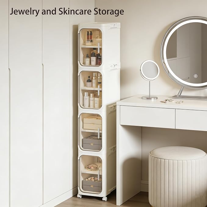 2-Tier Narrow Storage Cabinet Slim Bathroom Skinny Organizer with Wheels | Slim Storage Cabinet with Lockable Rolling Wheels Adjustable Detachable Shelves Snap Assembly for Small Spaces,Snow White - Image 4