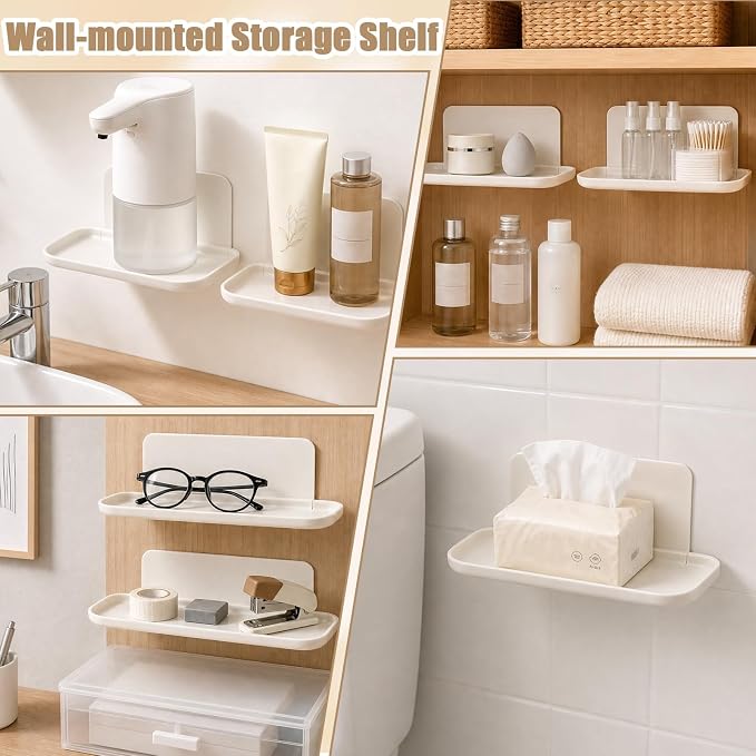 2Pcs Foldable Floating Shelf, No Drill Wall Shelves Adhesive Organizer Tray | Small White Stick on Plastic Shelf, Portable Damage Free Adhesive Shelves for Bedroom Bathroom Kitchen Office - Image 4