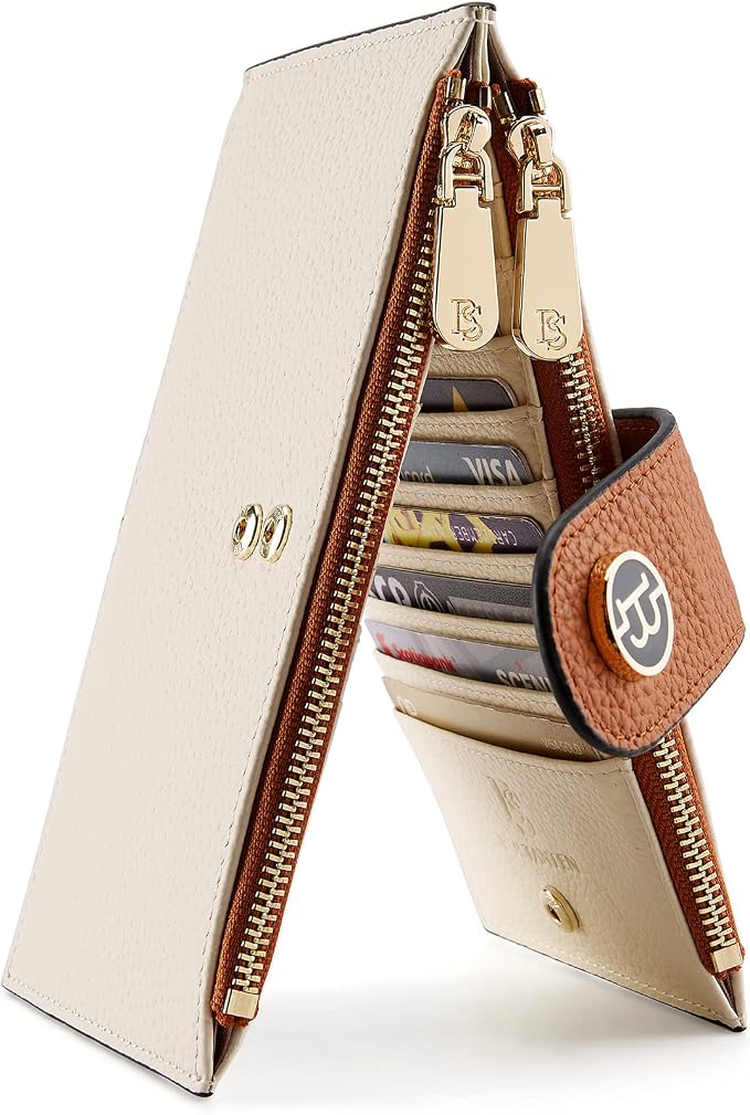 BOSTANTEN Leather Womens Wallet Large RFID Blocking Slim Card Holder | 16 Card Slots, 2 Zipper Pockets, Bifold, Long, Fits Most Purses, Organized Everyday Carry, Ladies Gifts, Beige Brown by BOSTANTEN