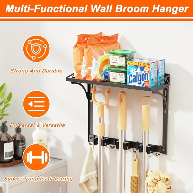 Broom Holder Wall Mount with Cleaning Supplies Organizer | Laundry Room Shelves, Mop Hanger Rack Gripper Hooks, Vacuum Organizer, Wall Hanging for Home Garage Kitchen - Image 3