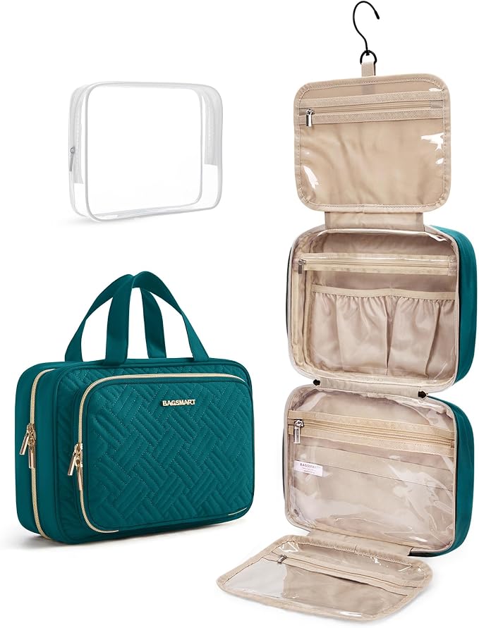 BAGSMART Toiletry Bag Hanging Travel Makeup Organizer with TSA Approved Transparent Cosmetic Bag Makeup Bag for Full Sized Toiletries(Sage Green) by BAGSMART