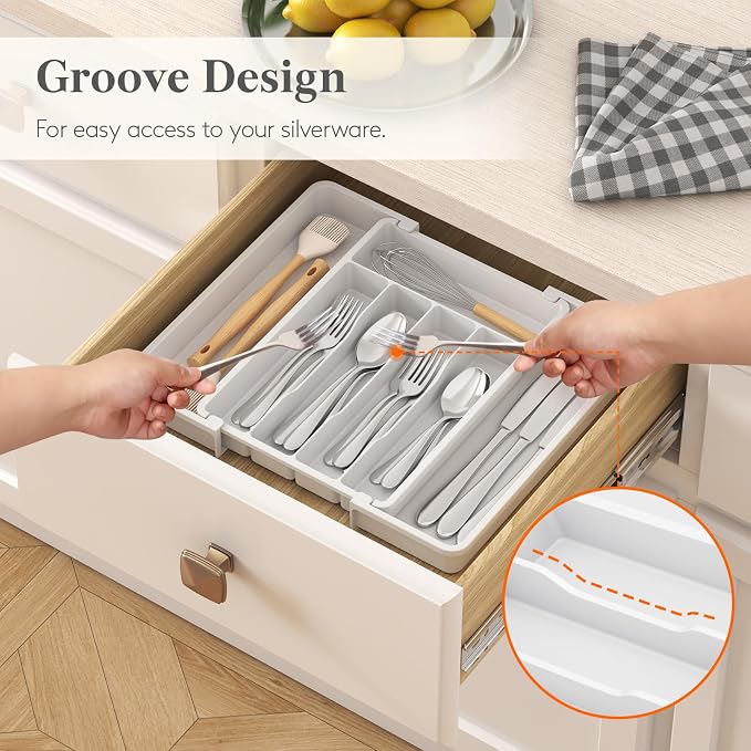 Lifewit Expandable Silverware Drawer Organizer, Kitchen Utensil Tray | BPA-free Plastic Flatware Cutlery Holder, Space-Saving Storage for Spoons Forks Knives, 8.5-14 x 12 x 1.5“, White - Image 7