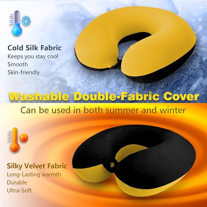 Travel Pillow, Memory Foam Neck Pillow for Traveling, U Shape Airplane Portable Flight Pillow Adult Travel Neck Pillow for Plane Train Car Home Office (Black * Yellow) - Image 2