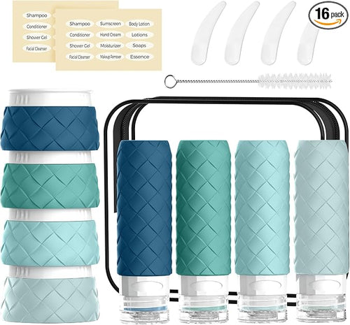 16 Pack Travel Bottles for Toiletries, TSA Approved Travel Size Toiletries Containers Set, BPA-Free Silicone Leak Proof Refillable Bottles Stackable Creams Jars Accessories Kit W/Clear Bag Mint Green by Silevoler
