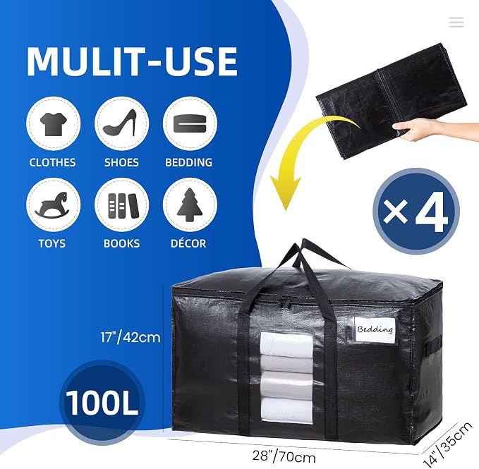 TAILI 4 Pack Black Extra Large Moving Bags,Storage Bag with Visible Window | 93L Heavy Duty Totes For Storage,Wrap Around Handles,Alternative to Moving Boxes, College Dorm,Perfect for Moving - Image 2