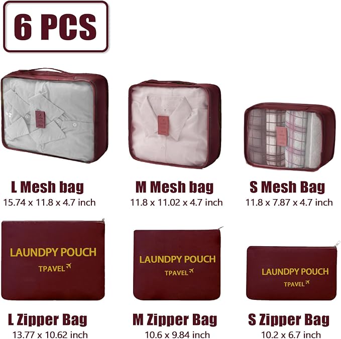 6 Set Packing Cubes for Travel Luggage Packing Bags Reusable Lightweight Suitcase Organizer Cubes Set for Travel Accessories (Wine Red) - Image 2