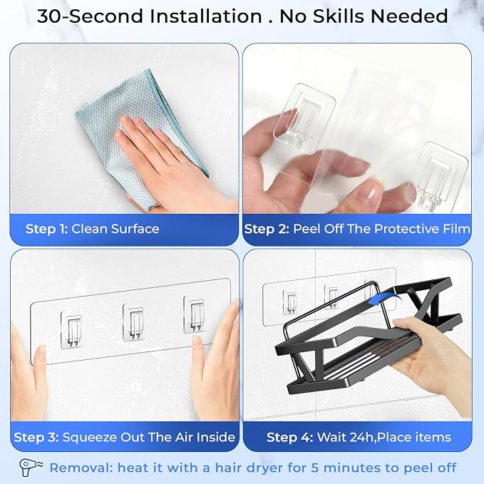 14 Pack Shower Caddy Adhesive Replacement Flat Strips, Heavy Duty Transparent Waterproof Hooks for Bathroom Storage Shelves, No-Drilling Sticky Wall Mount Hooks for Kitchen Organizers - Image 6