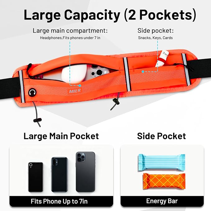 MIER Running Belt for Women & Men, Fanny Pack with Marathon Bib Clip Orange | Slim Adjustable Phone Holder Pouch; Reflective Waist Packs for Running Essentials; Waterproof Zipper Pockets - Image 2
