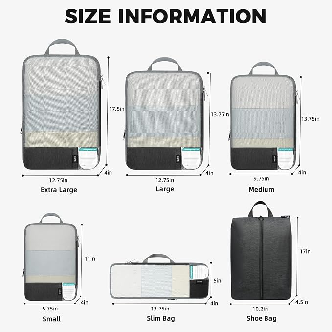 BAGAIL Lightweight Compression Packing Cubes for Travel, 6 Set, Black | Salis Nylon Fabric,Anti-Tearing,Save Space,SBS Zippers,Packing List,PVC Tag Pocket,Custom Labels,Visible Mesh,Portable Handel - Image 5
