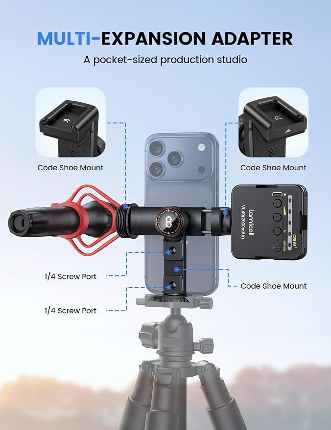 Lamicall Phone Tripod Mount Adapter with 3 Cold Shoes, Arca Port&1/4" Screw | Aluminum Alloy, Wider Clamp Camera Phone Holder 360° Phone Stand for Video Streaming Vlogging Rig for iPhone 17-5 Smartphone - Image 3