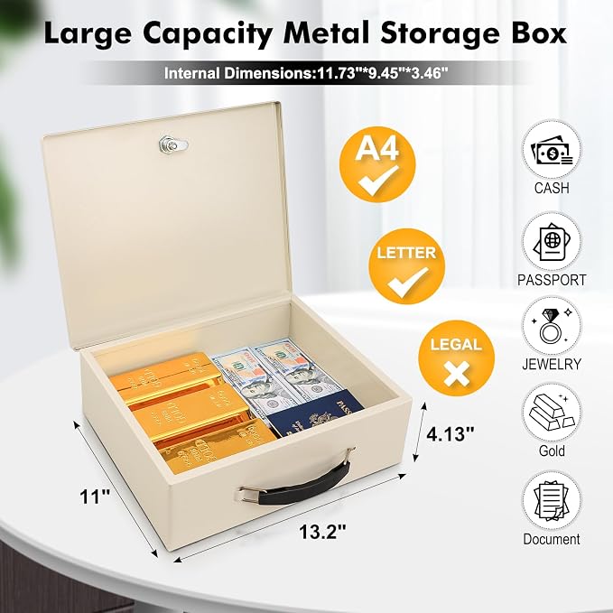 KYODOLED Fireproof Document Box with Key Lock, Safe Storage Box for Valuables, Fire Resistance Security, Fireproof Lock Box for Passport, Cash, Tablet 13.2'' x 11'' x 4.13'' Beige - Image 2