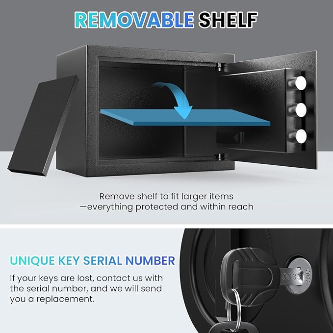 9.84'' Tall Small Safe Box, Home Safes with Removable Shelf | Fireproof Bag, Keys & Pass Code,Mini Fireproof Security Safe with Smart Alert and Wall Mount Kits for Money,Jewelry,Documents - Image 5
