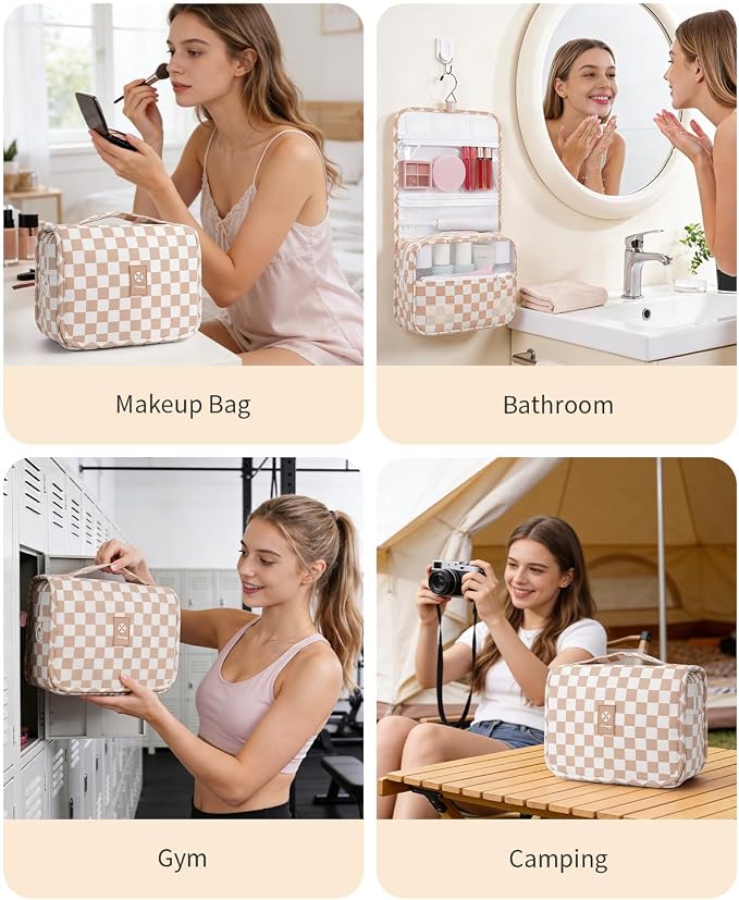 Narwey Small Hanging Travel Toiletry Bag for Traveling Women, Checkered Travel Bag for Toiletries, Makeup Bag Organizer Make Up Cosmetic Bags, Gifts for Kids Teen Girls (Light Brown Checkerboard) - Image 8