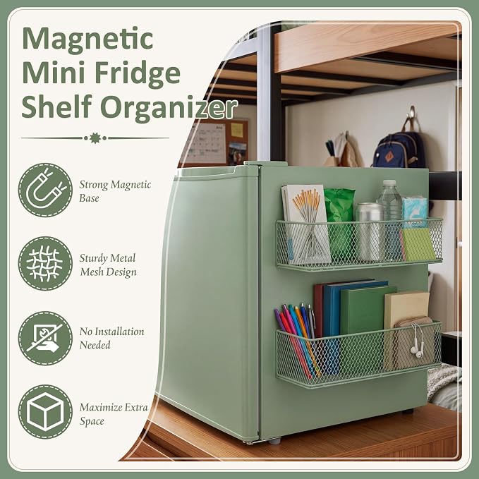FoldTier 2 Pack Sage Green Magnetic Basket Dorm Mini Fridge Shelf Organizer Kitchen Storage Bin Container Spice Holder for Locker Refrigerator Pantry Dorm Essentials (13.8 x 3.1 x 4.9 Inch) - Image 3