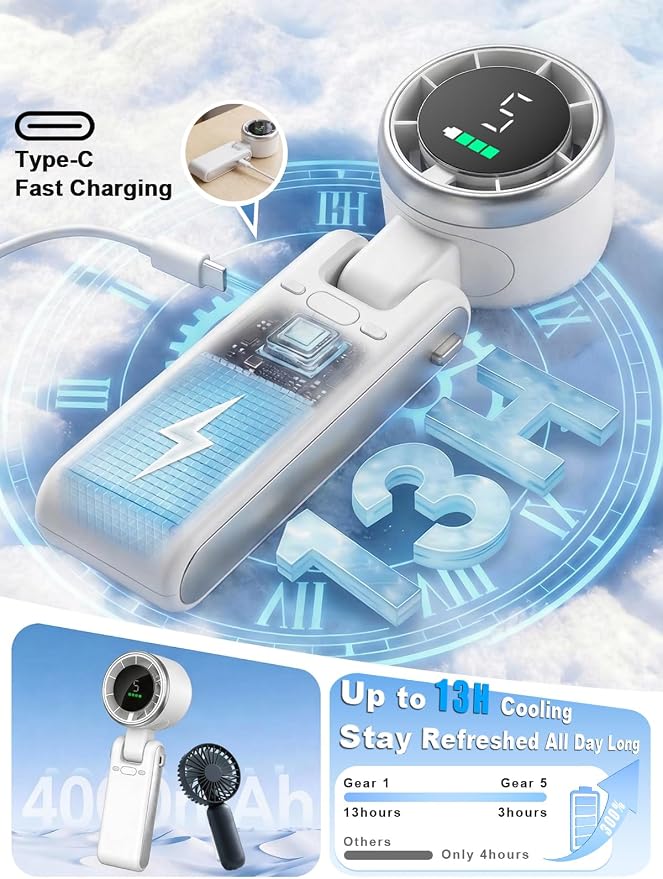 Portable Handheld Turbo Fan, 5 Gear Wind, Battery Operated, Up to 13 Working Hours Rechargeable Fan, 3 IN 1 Hand Fans with Air Turbo Tech Cooling Fan for for Travel, Beach, Outdoor - White - Image 5