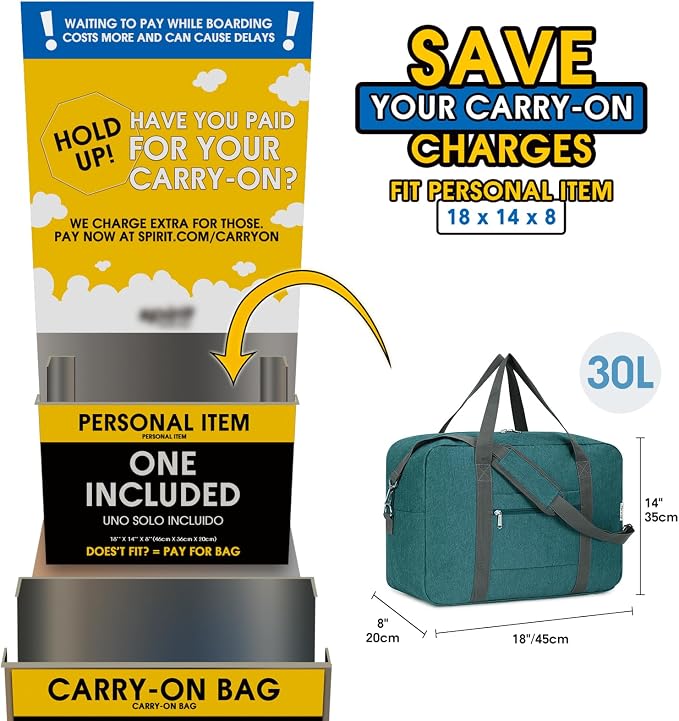 For Spirit Airlines Personal Item Bag 18x14x8 Foldable Travel Duffel Bag Tote Duffle Carry on Luggage for Women and Men 30L (Teal) - Image 2