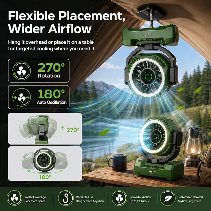 3-in-1 Portable Camping Fan, 20000mAh Rechargeable Fan with 1-100 Speeds | Auto-Oscillating Cordless Battery Powered Fan with 12H Timer, LED Lantern, Display, Gift for Men Women, Travel, Jobsite, Tent - Image 4