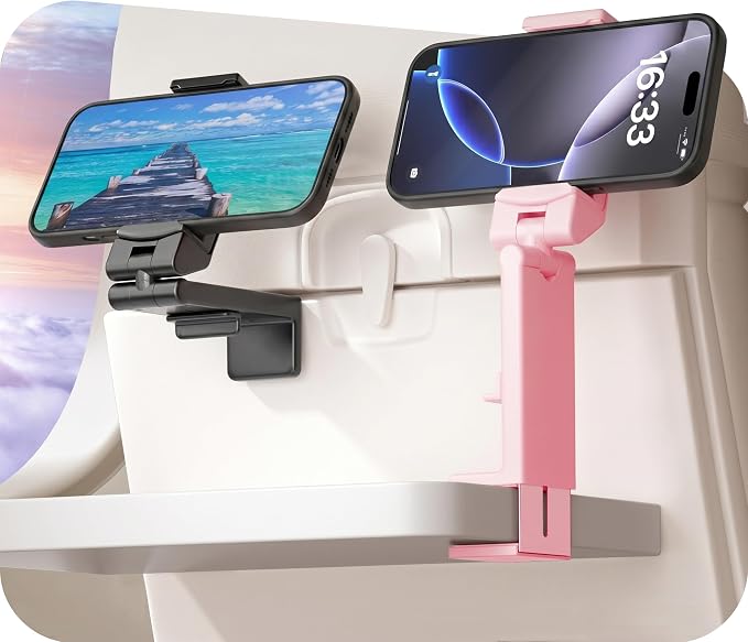 Perilogics Airplane Phone Holder Mount Universal in Flight Hands Free Viewing with Multi-Directional Dual 360 Degree Rotation (Black/Pink) by Perilogics