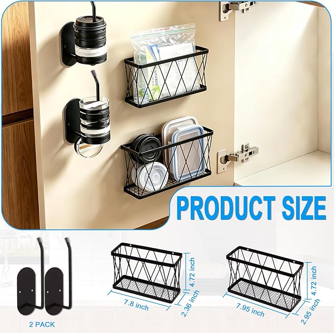 4 Pack Adhesive Cabinet Door Organizer, Rustproof Carbon Steel Lid Storage Holder,Inside cabinet door storage,Tumbler & Food Container Lid Rack,No Drill Storage Basket for Kitchen Cabinet & Bathroom - Image 3