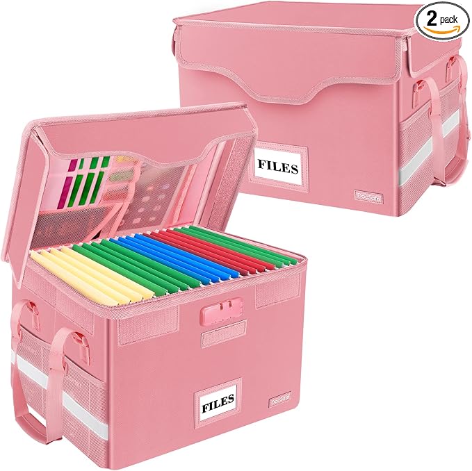 DocSafe Fireproof Document Box with Lock,File Storage Organizer with Pockets,Collapsible Portable File Box Home Office Safe Filing Cabinet with Handle for Hanging Letter/Legal Folders,Pink,2 Pack by DocSafe