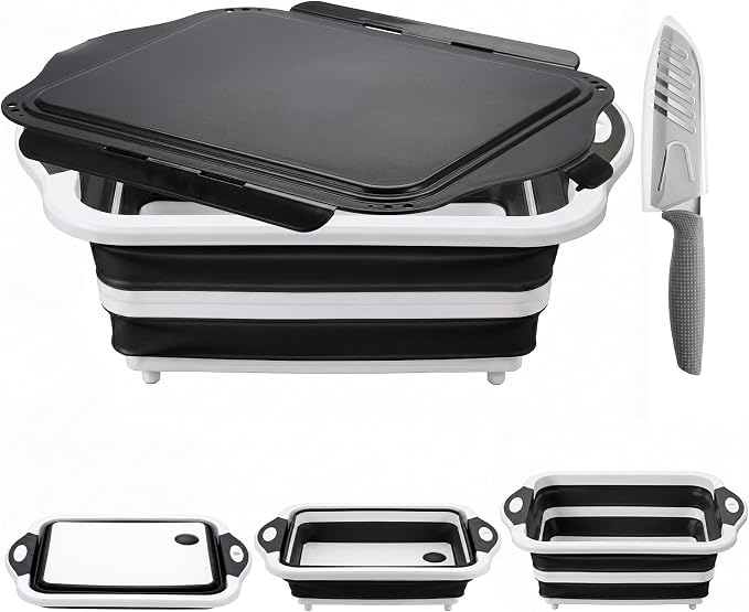 Collapsible BBQ Prep Tub with Lid, Foldable Camping Sink with Colander, Cutting Board, Dish Basin for Kitchen, Bowl, Vegetable and Fruit, Storage Basket for Picnic-Black by ROTTOGOON